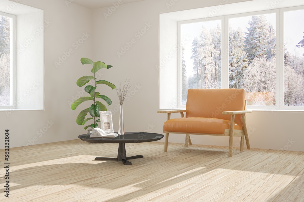 White room with armchair and winter landscape in window. Scandinavian interior design. 3D illustration White room with armchair and winter landscape in window. Scandinavian interior design. 3D illustration