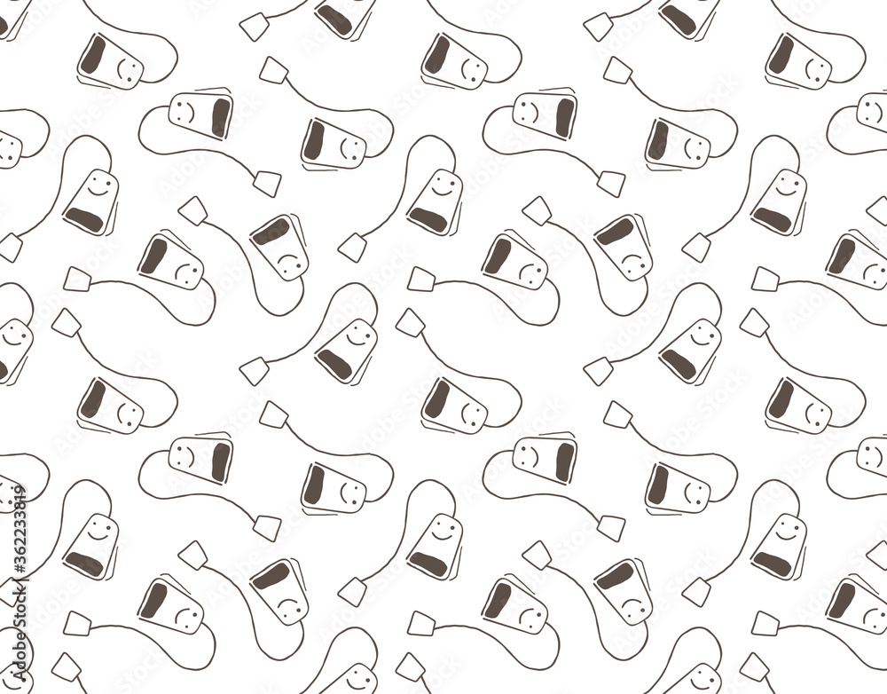 Hand drawn simple style seamless pattern of tea bags. Funny smiling breakfast cartoon characters background. Hand drawn simple style seamless pattern of tea bags. Funny smiling breakfast cartoon characters background.