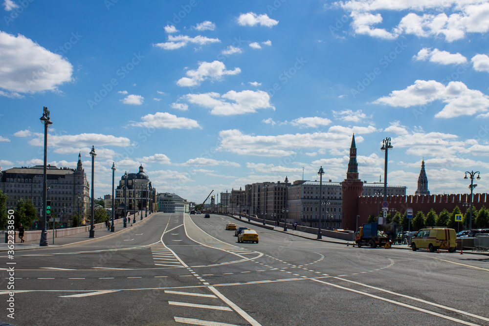 View of Vasilievsky descent and Bolshoy Moskvoretsky bridge on a clear Sunny day and space for copying in Moscow Russia