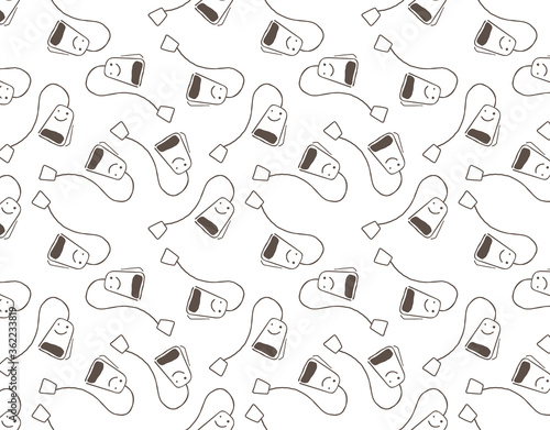 Hand drawn simple style seamless pattern of tea bags. Funny smiling breakfast cartoon characters background.