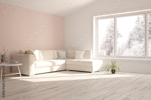 White stylish minimalist room with sofa and winter landscape in window. Scandinavian interior design. 3D illustration