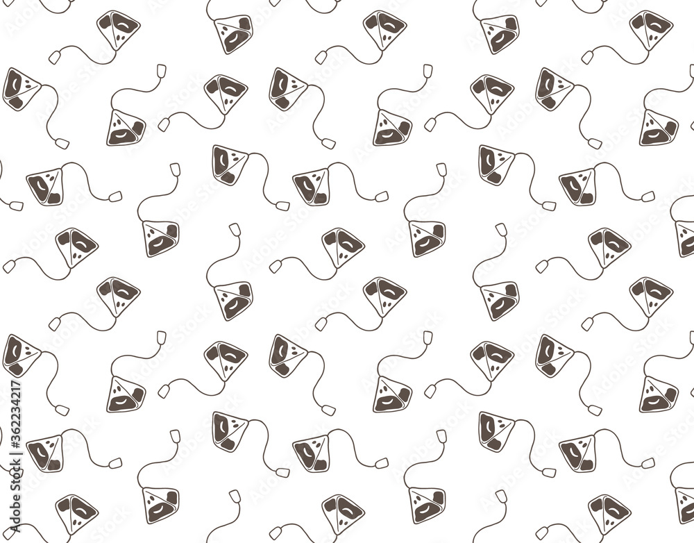 Hand drawn simple style seamless pattern of tea bags. Funny smiling breakfast cartoon characters background. Hand drawn simple style seamless pattern of tea bags. Funny smiling breakfast cartoon characters background.