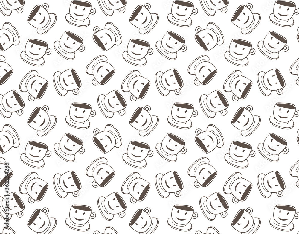 Hand drawn simple style seamless pattern of hot beverages, tea or coffee cups. Funny cartoon background.