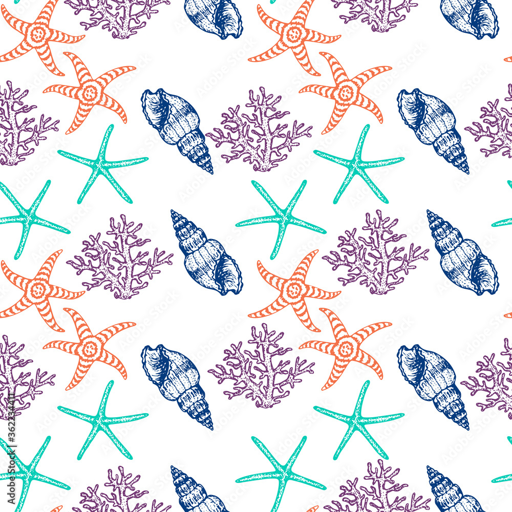 Sea Animals Sketched Seamless Pattern. Marine Life Creatures Hand drawn surface pattern design.