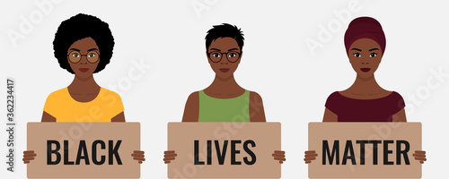 Three black African-American women hold cardboard signs that read "black leaves matter". The concept of stop racism. Protests in the United States. Vector stock flat illustration isolated on white