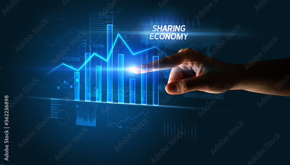 Hand touching SHARING ECONOMY button, business concept Hand touching SHARING ECONOMY button, business concept