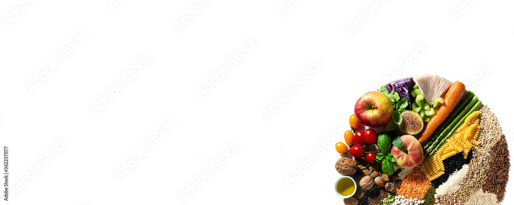 banner of circle of basic vegan ingredients and products. cereals, legumes, fresh vegetables and fruits, oils, seeds and nuts. balanced healthy diet isolated on white
