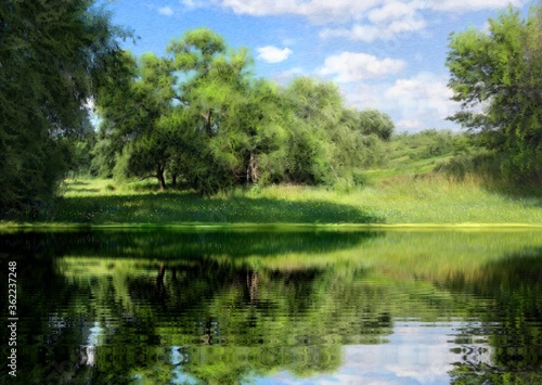 Fototapeta Naklejka Na Ścianę i Meble -  Paintings summer landscape, lake in the forest. Fine art.