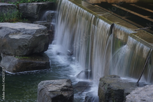 Long exposure of a waterfall with rocks in the water path flow