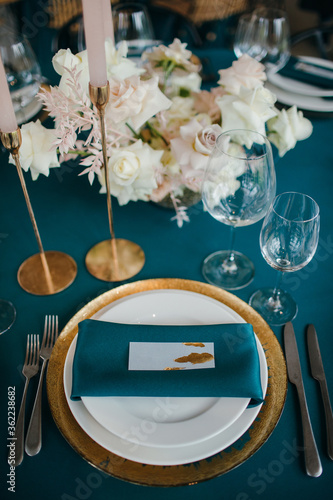 The Concept Of Wedding Decor. Gold and hunter green decor