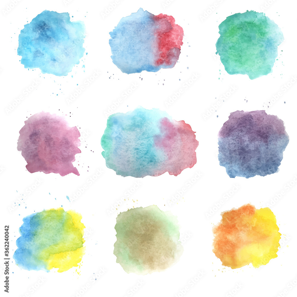Watercolor set splash on white background. Vector isolated concept creative illustration. Pink, red, yellow, blue, green color.