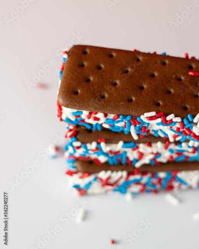 Chocolate ice cream sandwiches with red, white, and blue sprinkles 