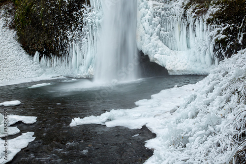 Horsetail falls after a winter snow and ice storm. The falls is in the Columbia River Gorge National Scenic Area, about 18 miles east of Portland, Oregon.