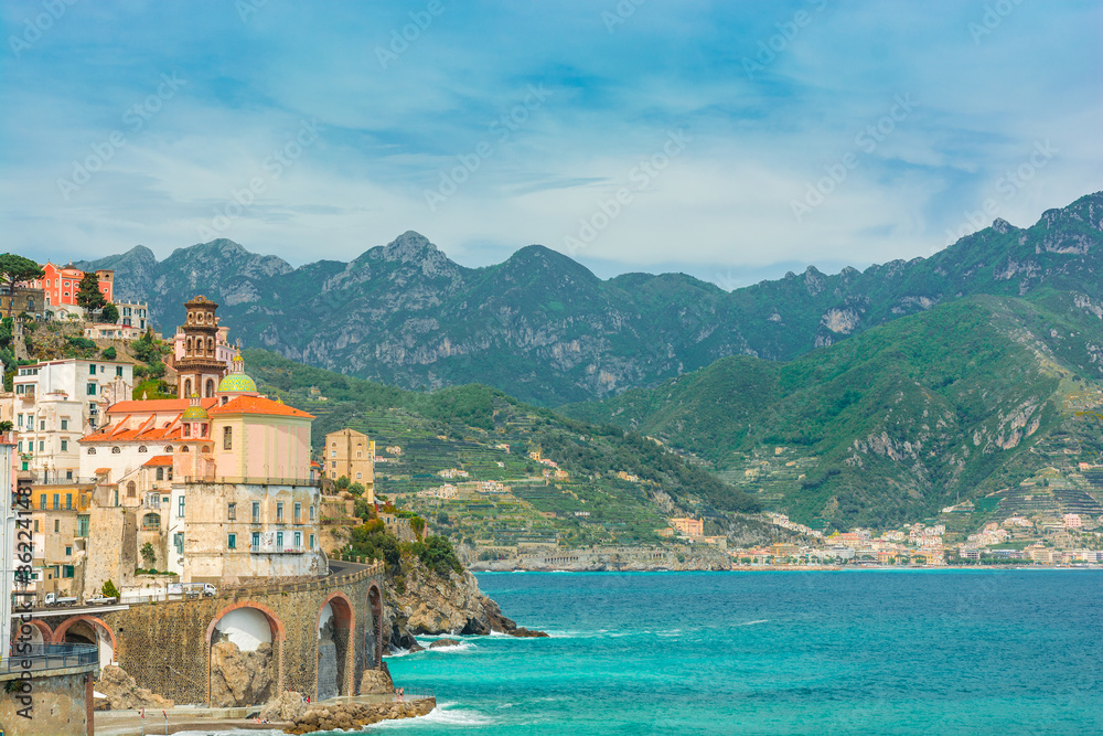 Beautiful view on Atrani town on famous Amalfi coast, Campania, Italy
