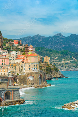 Aerial view of town Atrani on Amalfi coast, Campania, Italy, Europe