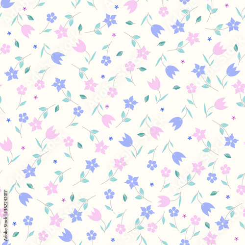 Seamless cute pattern of small flowers. Summer millefleurs. Floral simple diagonal seamless background for textile or book covers, manufacturing, wallpapers, print, gift wrap and scrapbooking. Trendy 
