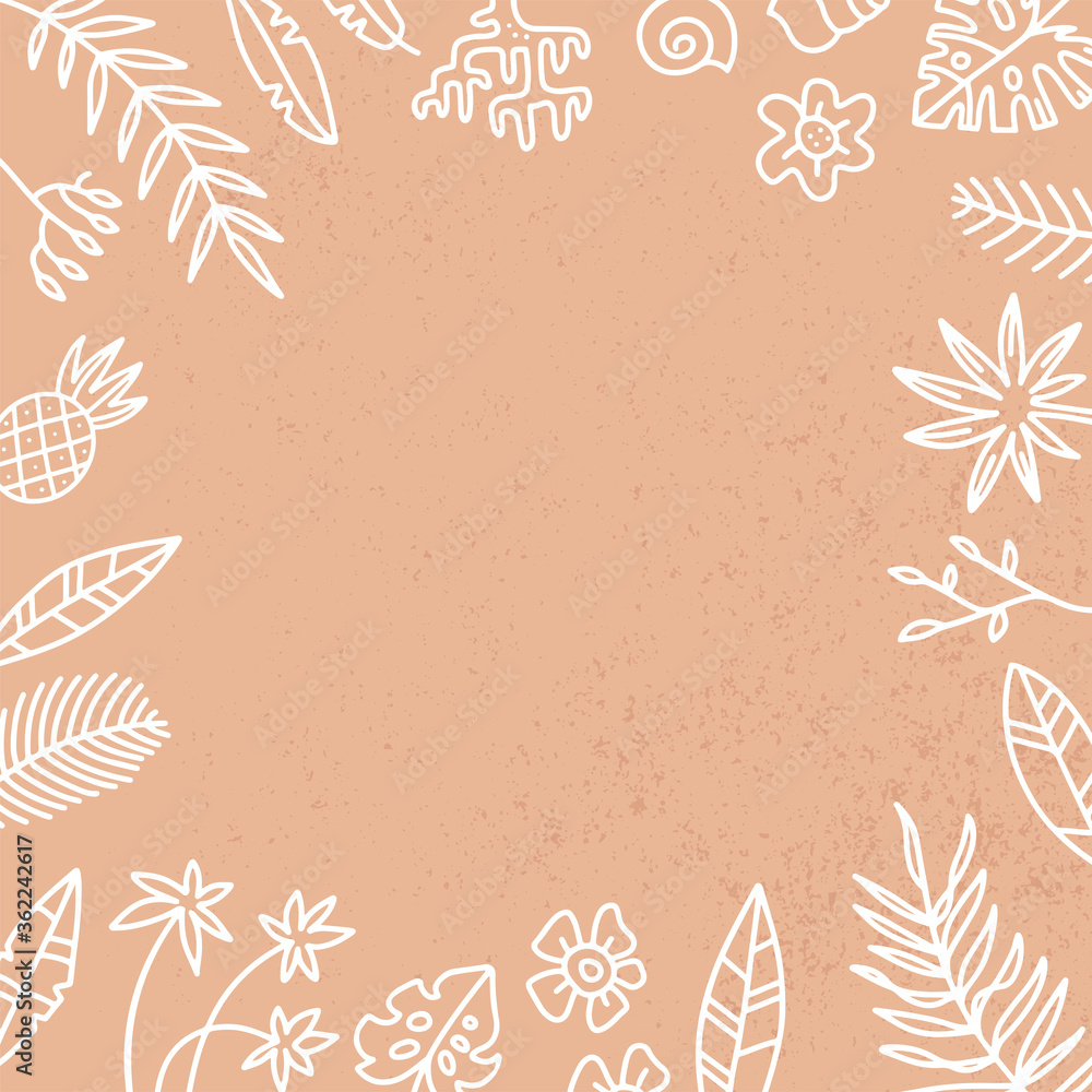 Vector Frame with Exotic Palm Leaves and flowers. Hand Drawn Recipe or Menu, social media Background. White linear illustration in doodle Style on sand textured background Vector Frame with Exotic Palm Leaves and flowers. Hand Drawn Recipe or Menu, social media Background. White linear illustration in doodle Style on sand textured background