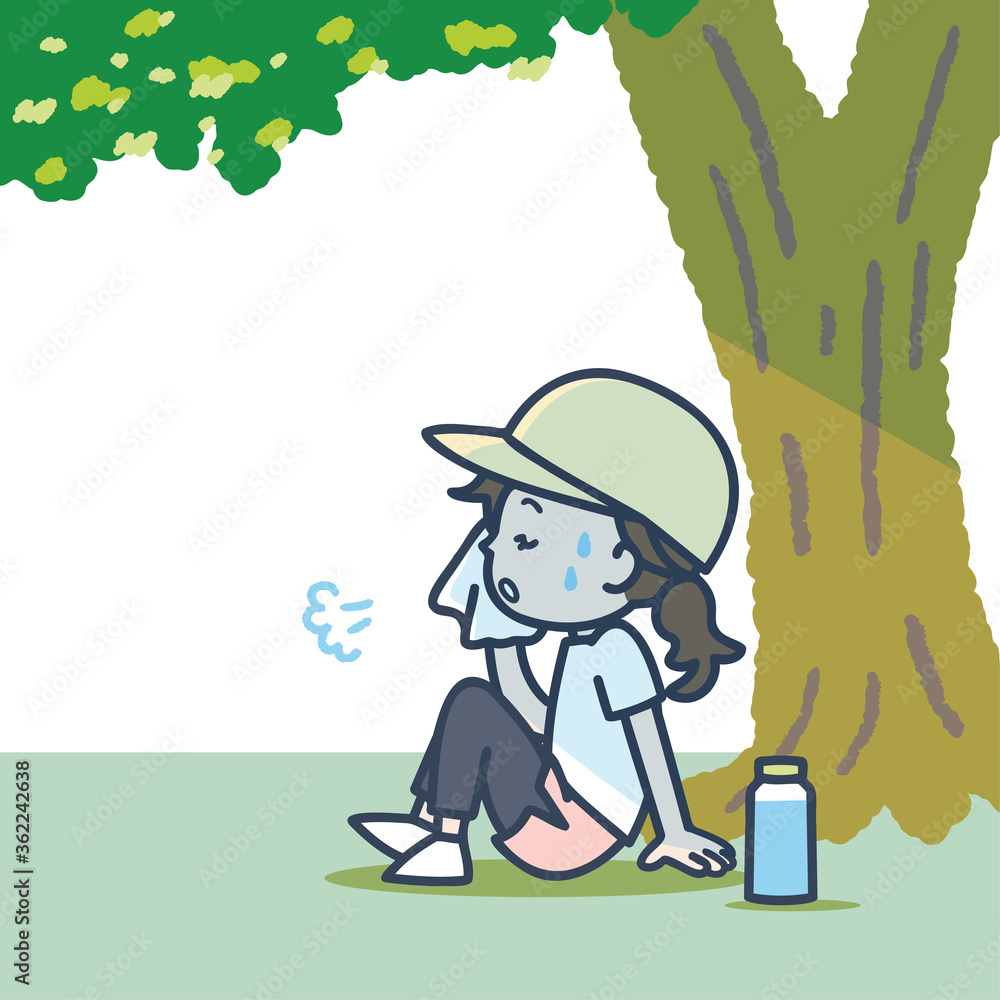 ランニング中、木陰で休む女性のイラスト ランニング中、木陰で休む女性のイラスト
