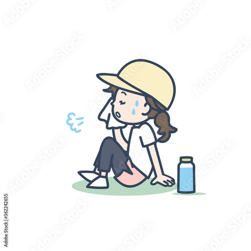 運動中、休憩する女性のイラスト