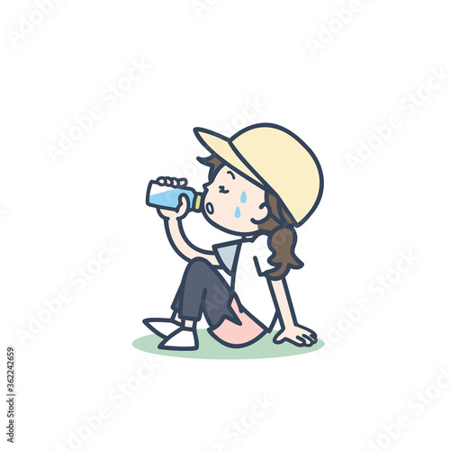 運動中、水分補給をする女性のイラスト
