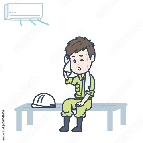 涼しい場所で休憩する男性作業員のイラスト