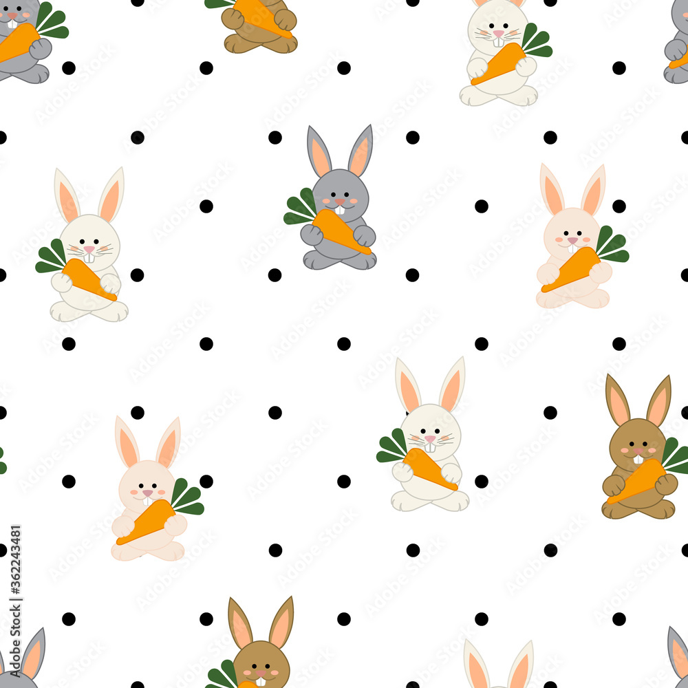 Bunny colors, white, gray and brown, with carrots and black polka dots background Bunny colors, white, gray and brown, with carrots and black polka dots background