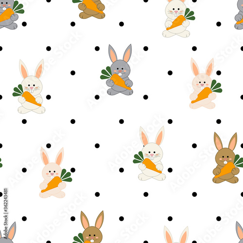 Bunny colors, white, gray and brown, with carrots and black polka dots background