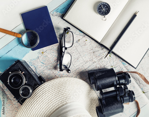 Traveler's accessories still life. Essential vacation items. Flat lay.