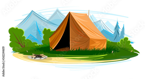 Tourist tent in the meadow. Extinct fire, outdoor recreation. The mountains. Flat style. Vector illustration.