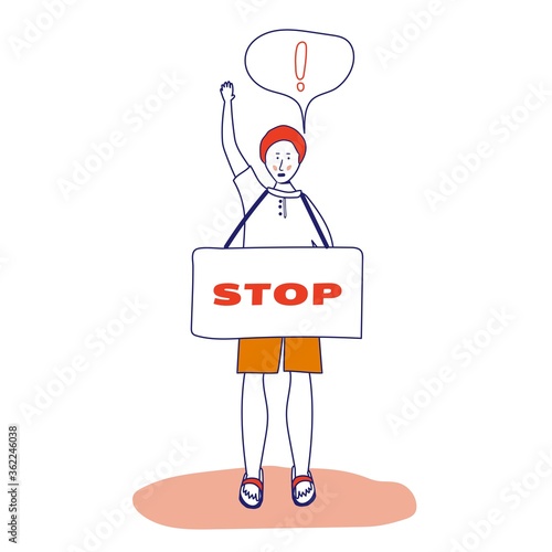 A man with a banner, a protesting activist, a workers' strike. Worker holds a blank banner, takes part in the parade. A manifest with a demonstration sign with empty space for text. Single picket