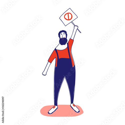 A man with a banner, a protesting activist, a workers' strike. Worker holds a blank banner, takes part in the parade. A manifest with a demonstration sign with empty space for text. Single picket