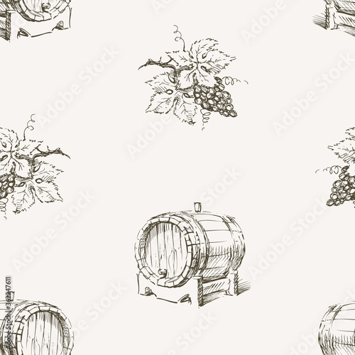 Seamless pattern of sketches wine cask and grape vine bunch