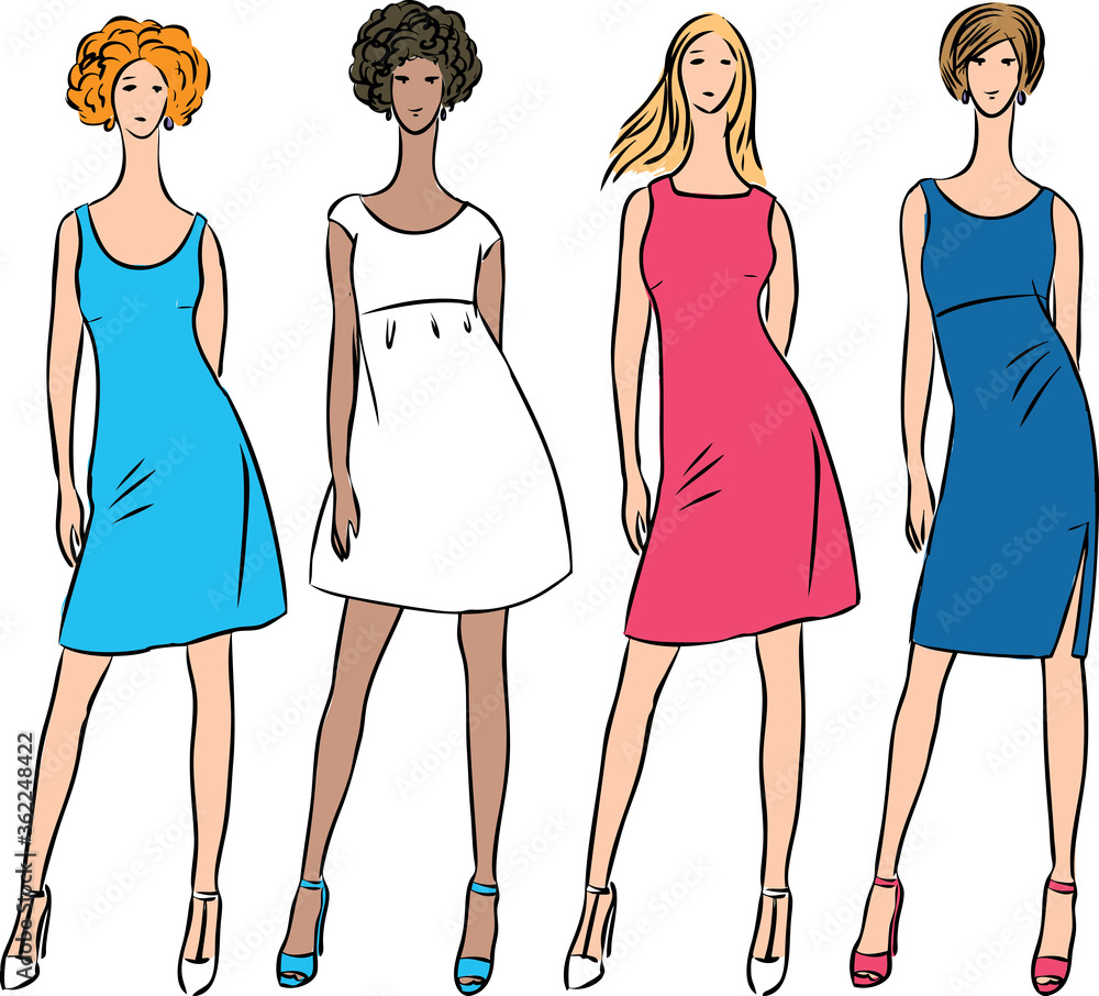 Vector image of sketches fashionable slim women in various summer dresses Vector image of sketches fashionable slim women in various summer dresses