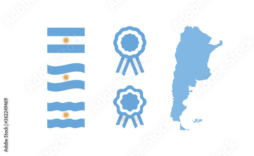 Argentina map, flag and cockade ribbons. National argentinian symbols set. Vector illustration designs for independence day celebration.