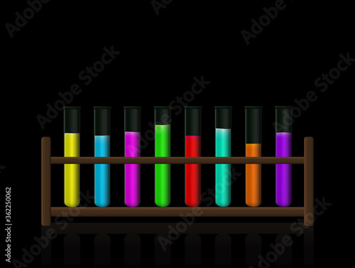 Chemical substances. Neon colored fluorescent toxic liquids in a test tube rack. Wooden holder with radiant colored fluids in eight laboratory glass tubes. Vector on black background. 