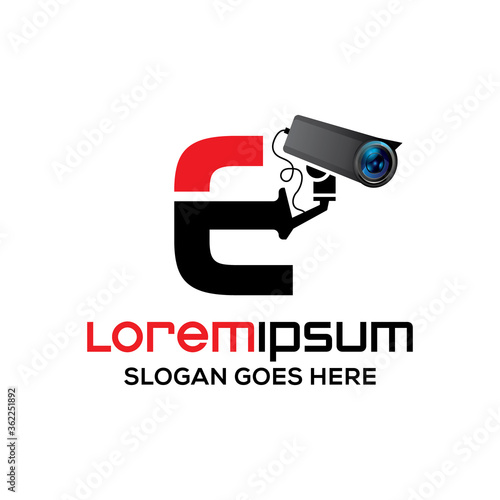 Creative E letter  CCTV camera logo design template, Realistic CCTV logo vector design
