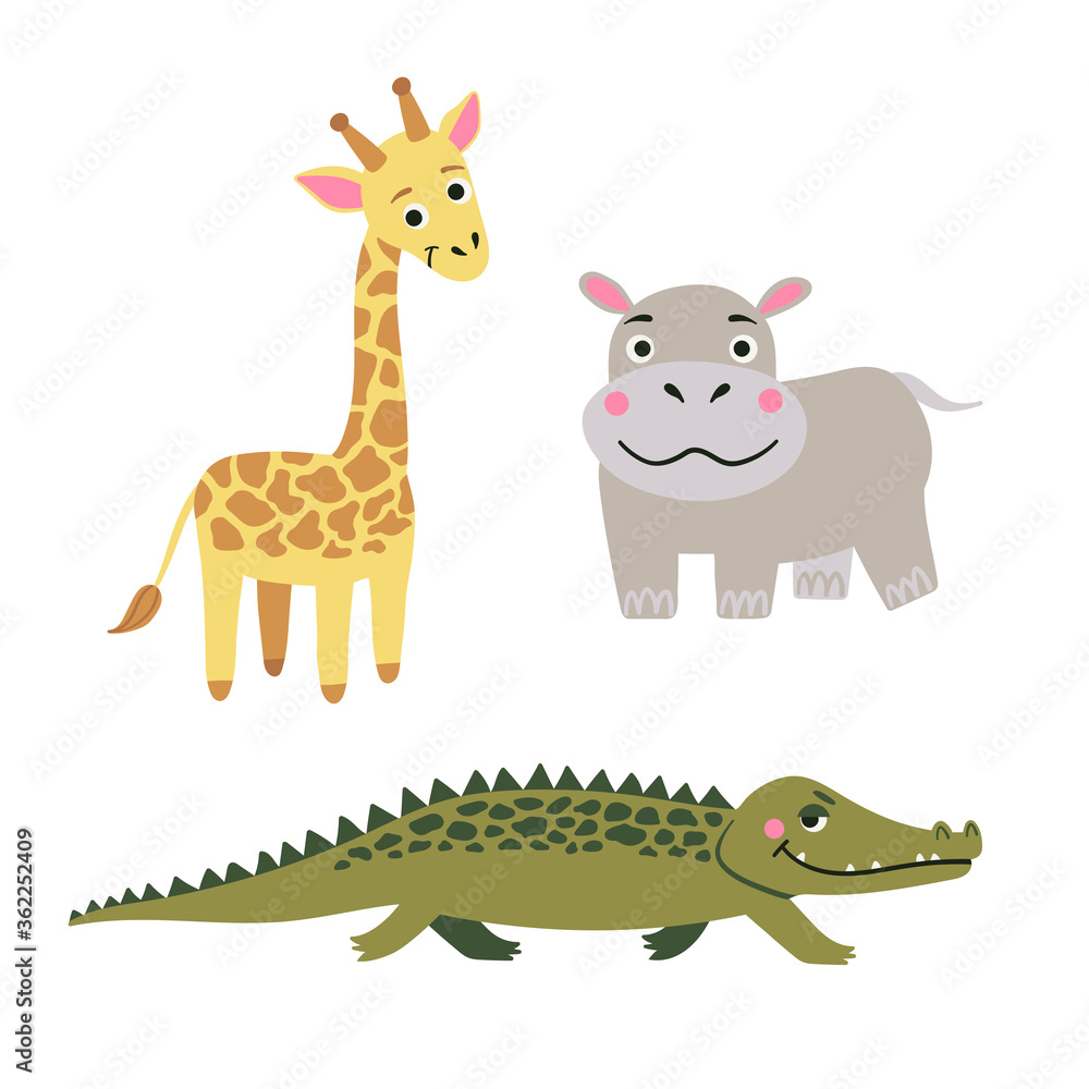 Animals of Africa. Vector set of cartoon jungle animals: crocodile, hippo, giraffe. Vector illustration Animals of Africa. Vector set of cartoon jungle animals: crocodile, hippo, giraffe. Vector illustration
