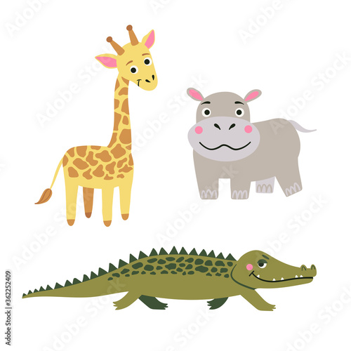 Animals of Africa. Vector set of cartoon jungle animals: crocodile, hippo, giraffe. Vector illustration