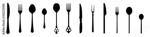 Cutlery vector silhouettes, a set of vintage and modern knives, spoons and forks