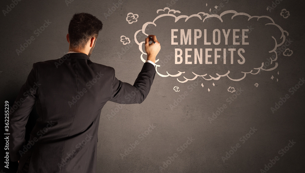 businessman drawing a cloud with EMPLOYEE BENEFITS inscription inside, modern business concept