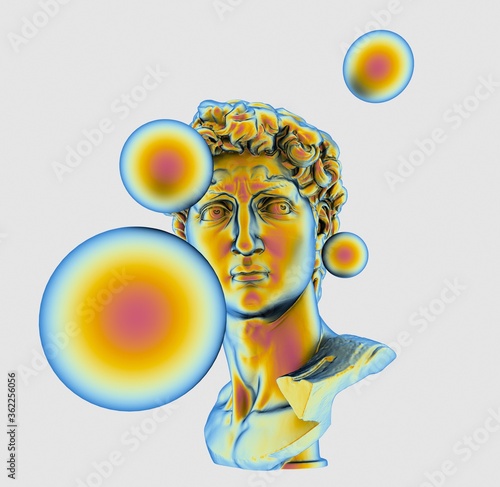 3D rendering of Michelangelo's David head. Holographic chromium bust sculpture with floating spheres around it. Surreal digital artwork in vaporwave and synthwave retro style.