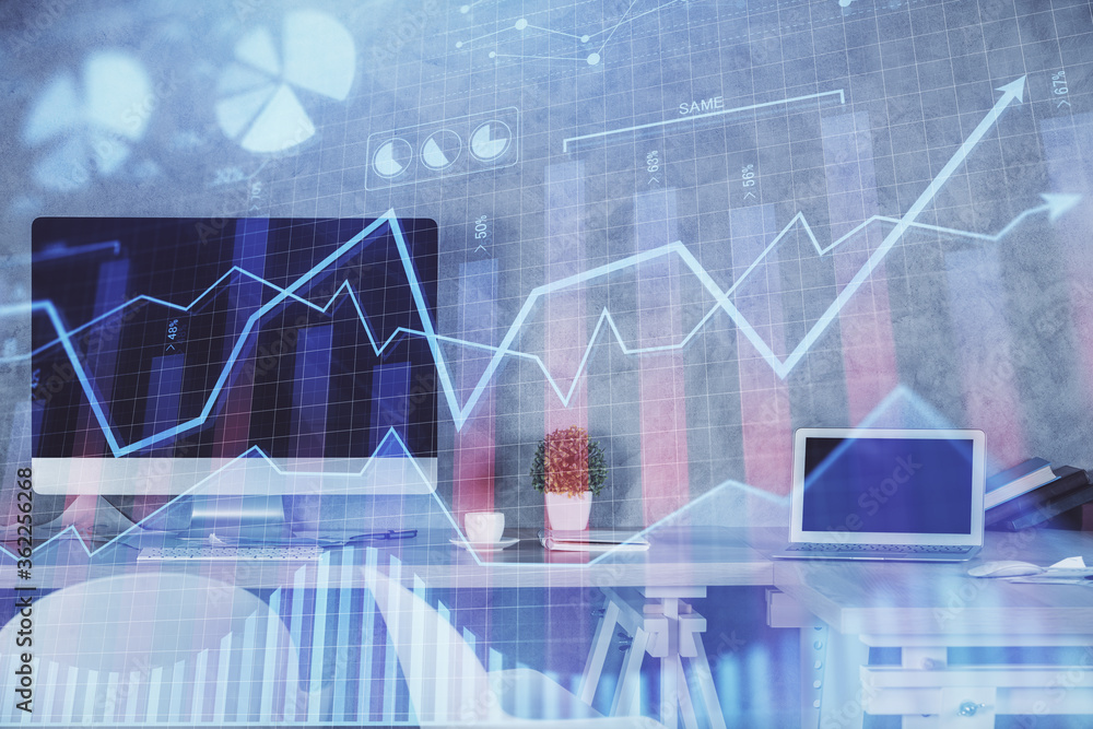 Multi exposure of financial graph drawing and office interior background. Concept of market analysis. Multi exposure of financial graph drawing and office interior background. Concept of market analysis.