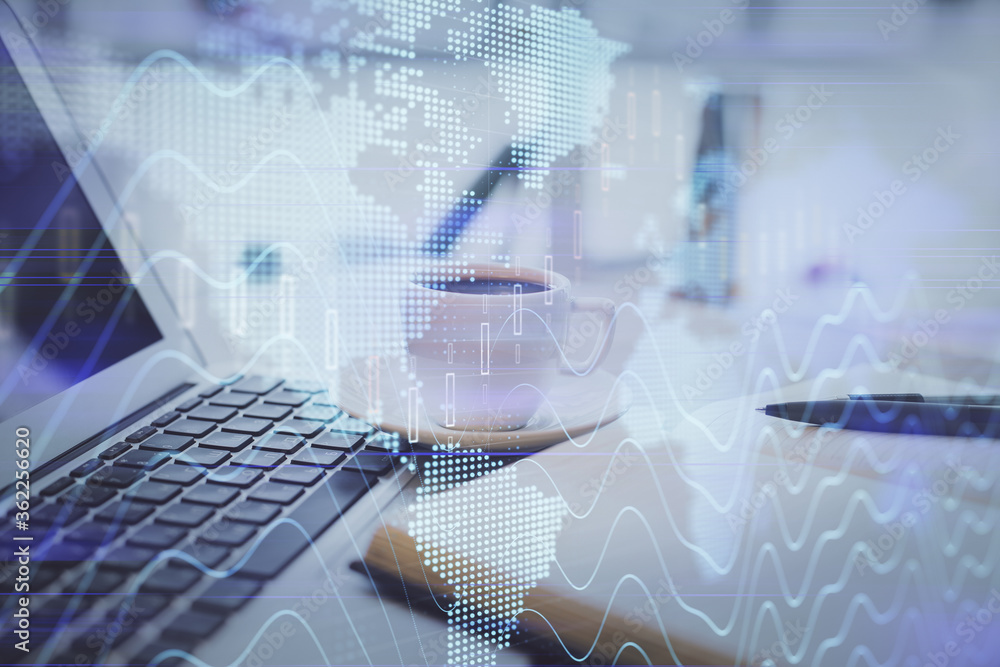 Double exposure of financial chart drawing and desktop with coffee and items on table background. Concept of forex market trading Double exposure of financial chart drawing and desktop with coffee and items on table background. Concept of forex market trading