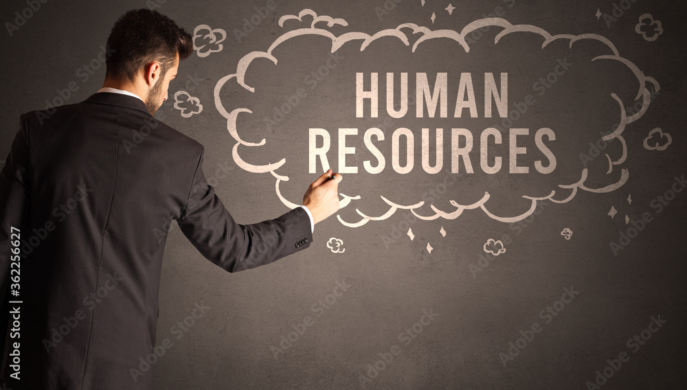 businessman drawing a cloud with HUMAN RESOURCES inscription inside, modern business concept businessman drawing a cloud with HUMAN RESOURCES inscription inside, modern business concept