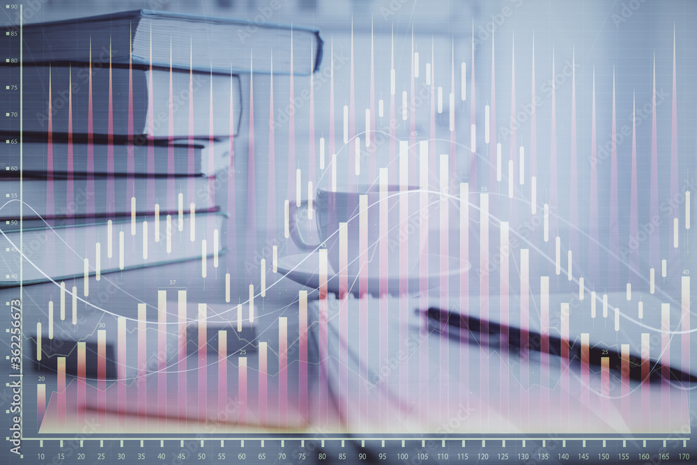 Double exposure of financial chart drawing and desktop with coffee and items on table background. Concept of forex market trading Double exposure of financial chart drawing and desktop with coffee and items on table background. Concept of forex market trading