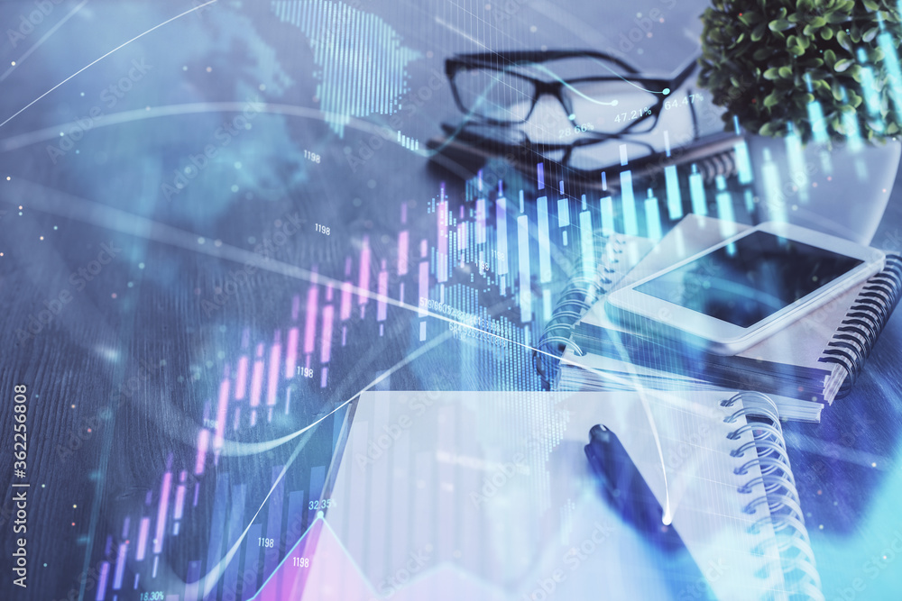 Double exposure of forex chart drawing and cell phone background. Concept of financial trading Double exposure of forex chart drawing and cell phone background. Concept of financial trading