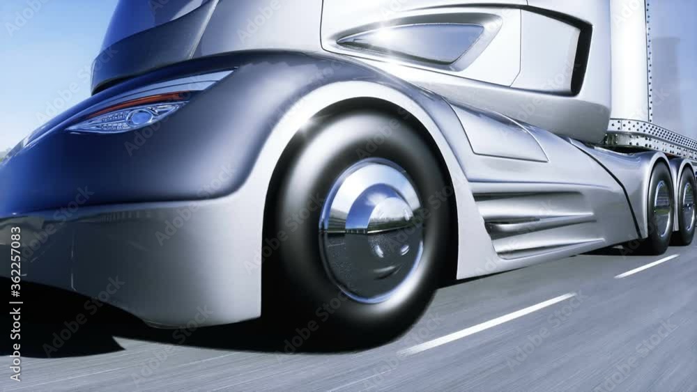 3d model of generic futuristic electric truck on highway. Future city background. Electric automobile. Realistic 4K animation 3d model of generic futuristic electric truck on highway. Future city background. Electric automobile. Realistic 4K animation