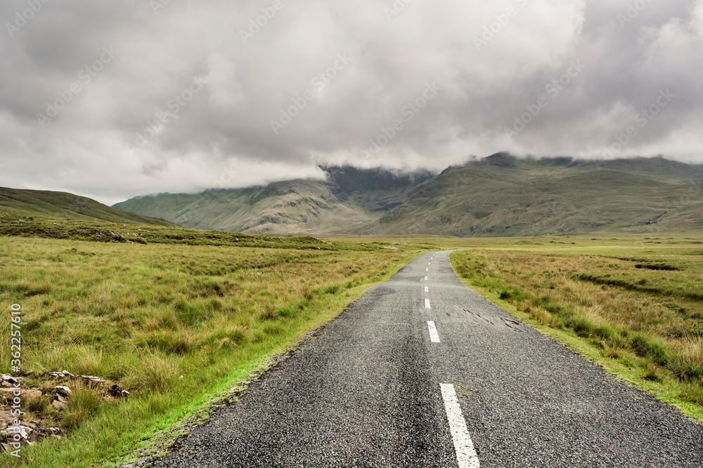 Remote road in the Connemara region in Ireland.