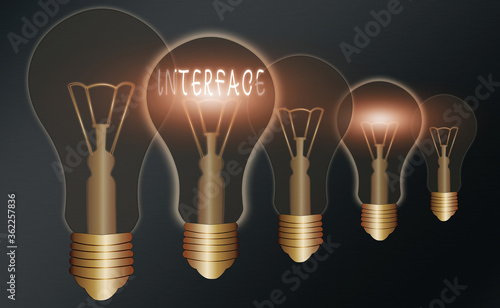 Handwriting text writing Interface. Conceptual photo point of meeting and communicating between two structures Realistic colored vintage light bulbs, idea sign solution thinking concept photo