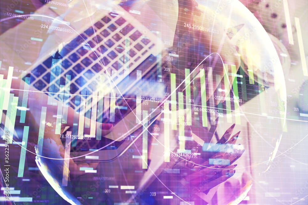 Multi exposure of woman hands typing on computer and business theme hologram drawing. Success concept. Multi exposure of woman hands typing on computer and business theme hologram drawing. Success concept.